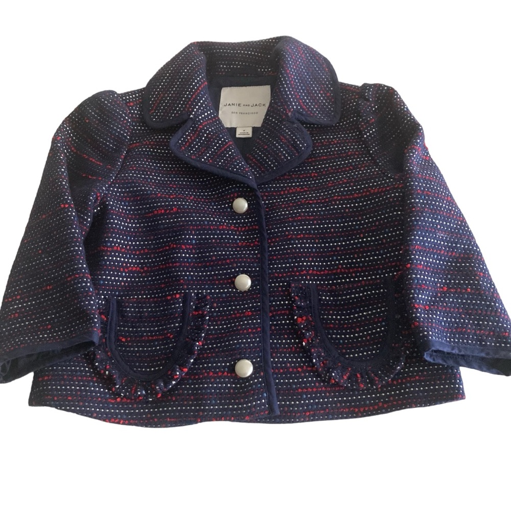 JANIE & JACK Tweed Blazer in Navy with Red Accents Metal buttons Girl's Size 6